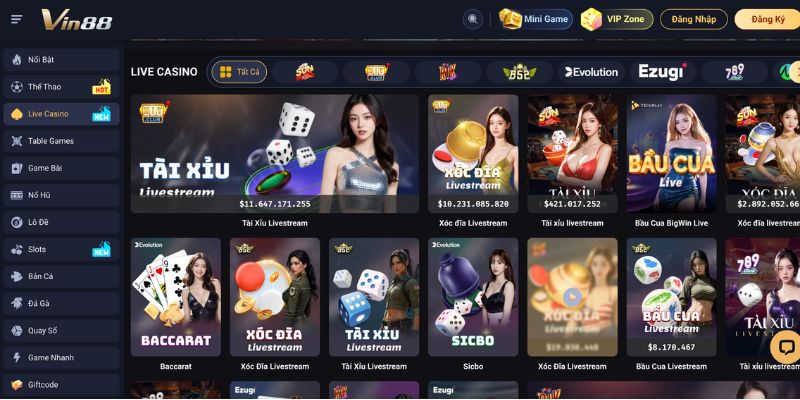 Sảnh casino VWIN nổi bật nhờ hệ thống livestream